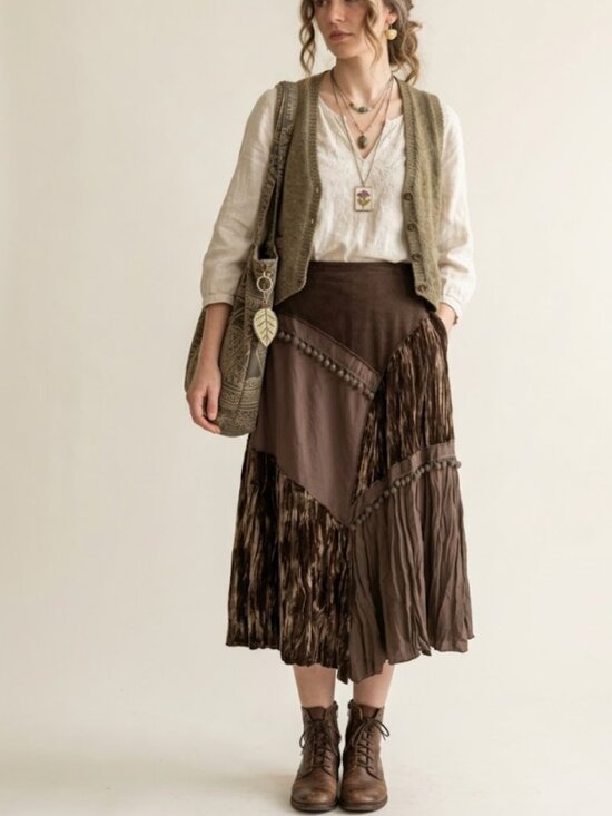 Linea Domani Dresses & Skirts - LINEA DOMANI Brown Patchwork Maxi Skirt Velvet Pom Pom Whimsigoth Boho Earthy